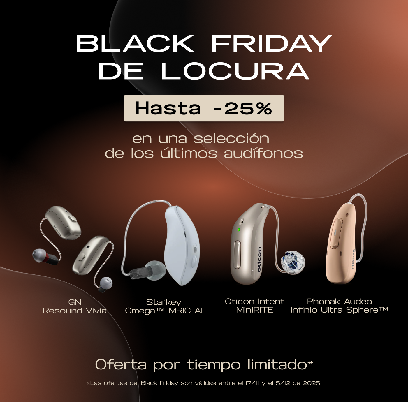 Sección de Black Friday de Auzen con descuentos de hasta el 25% en audífonos Starkey, GNResound, Oticon y Phonak.