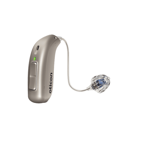 Audífono Oticon More, modelo miniRITE R, audífono para oído izquierdo y derecho, color beige, LED verde, altavoz 60, audífono Open Bass Dome con servicio ilimitado Auzen