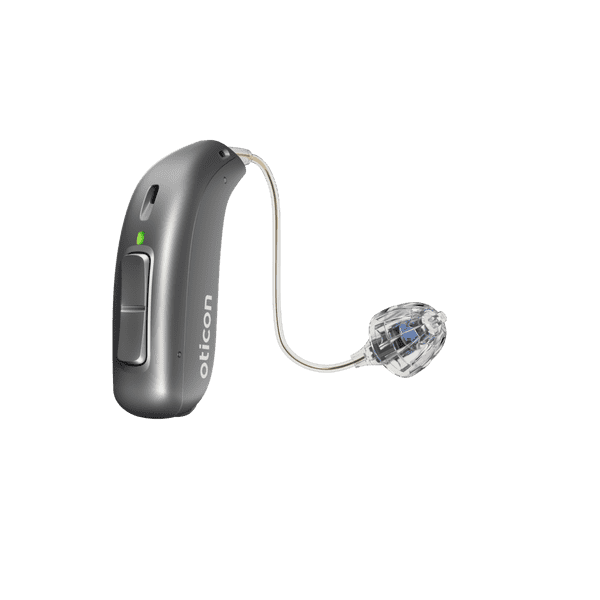 Audífono Oticon More, modelo miniRITE R, audífono para el oído izquierdo y derecho, gris oscuro, LED verde, altavoz 60, Open Bass Dome Audífonos con servicio ilimitado Auzen