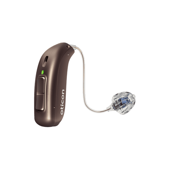 Audífono Oticon More, modelo miniRITE R, audífono para el oído izquierdo y derecho, marrón castaño, LED verde, altavoz 60, cúpula de bajos abierta Audífonos con servicio ilimitado Auzen