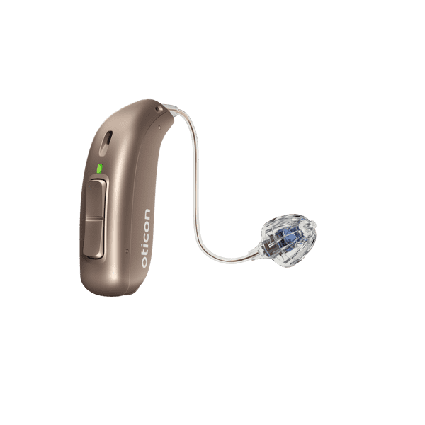 Audífono Oticon More, modelo miniRITE R, audífono para oído izquierdo y derecho, marrón claro, LED verde, altavoz 60, audífono Open Bass Dome con servicio ilimitado Auzen