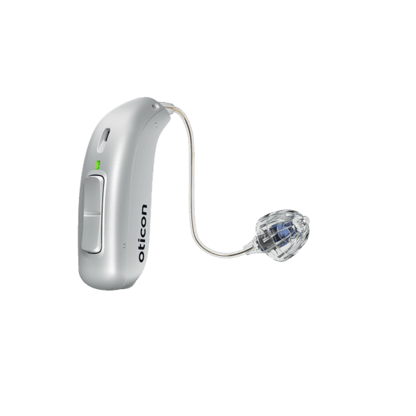 Audífono Oticon More, modelo miniRITE R, audífono para el oído izquierdo y derecho, plateado, LED verde, altavoz 60, Open Bass Dome Audífonos con servicio ilimitado Auzen