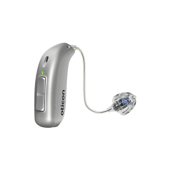 Audífono Oticon More, modelo miniRITE R, audífono para el oído izquierdo y derecho, gris claro, LED verde, altavoz 60, Open Bass Dome Audífonos con servicio ilimitado Auzen