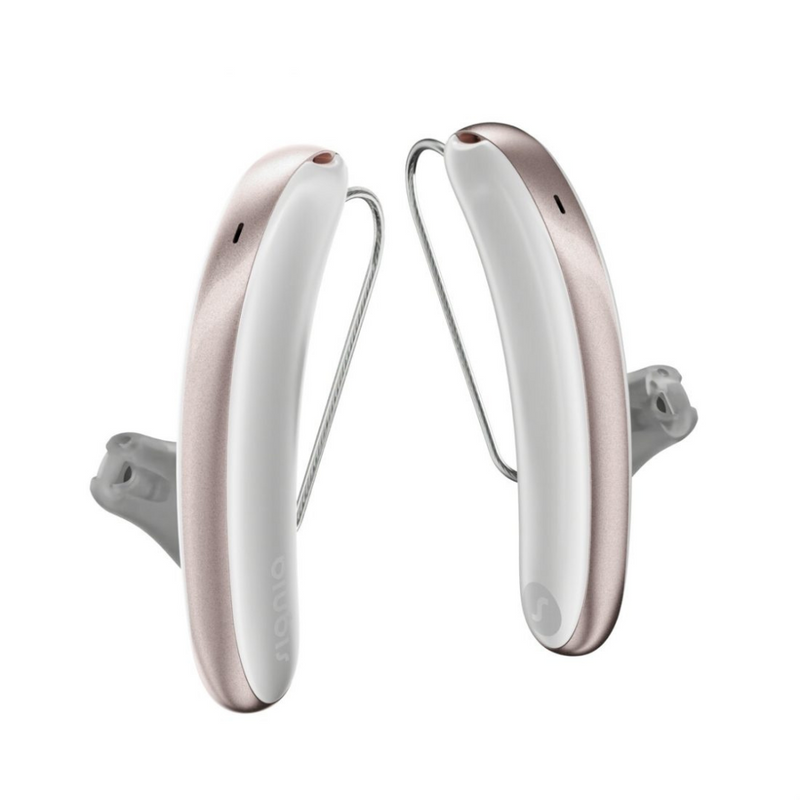 Un par de audífonos estéticos blanco y rosa Signia Styletto 3AX/7AX