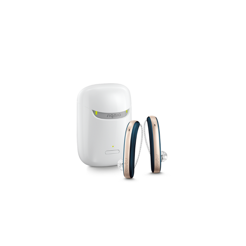 A pair of aesthetic blue and rose Signia Styletto 3X/7X hearing aids with white portable charging case