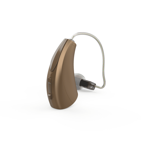  Un solo audífono estético Starkey Evolv AI RIC R de color bronce con un zoom sobre el producto